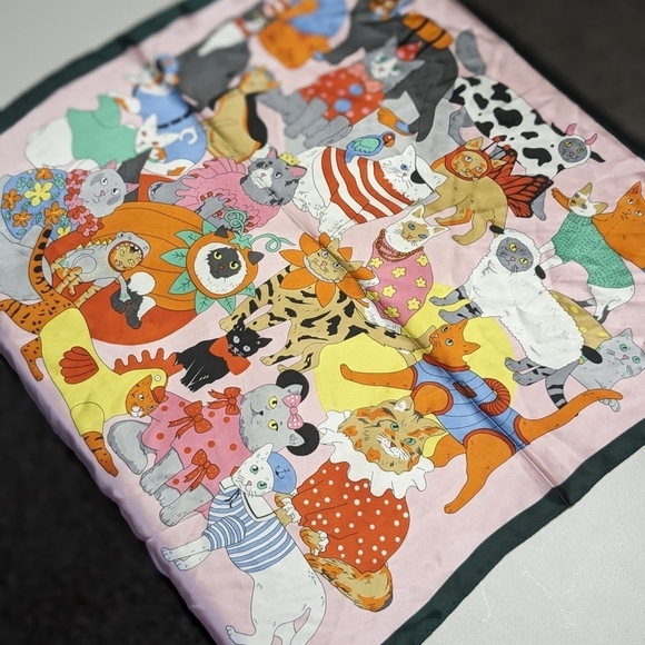 Pink and green whimsical silly cats in costumes silky polyester scarf - Picture 4 of 10